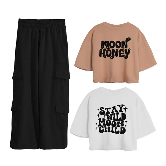 CONJUNTO 1 CARGO BURDA (NEGRO) + 2 OVERSIZE BURDA DAMA (BLANCO/NEGRO CHILD + COCOA/NEGRO MOON)