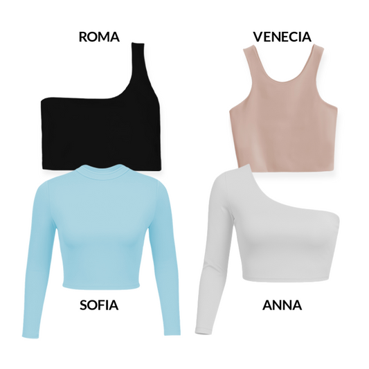 CROPTOPS VARIADOS PACK X4 - ROMA(NEGRO) VENECIA (CAMEL) ANNA (AZUL CIELO) SOFIA (BLANCO)
