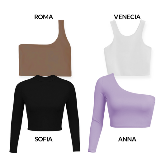 CROPTOPS VARIADOS PACK X4 - ROMA (CHOCOLATE) VENECIA (BLANCO) ANNA (NEGRO) SOFIA (LILA)