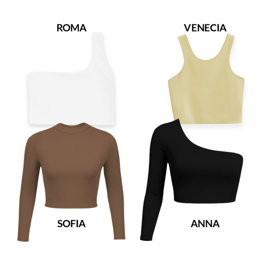 CROPTOPS VARIADOS PACK X4 - ROMA (BLANCO) VENECIA (AMARILLO) ANNA (CHOCOLATE) SOFIA (NEGRO)