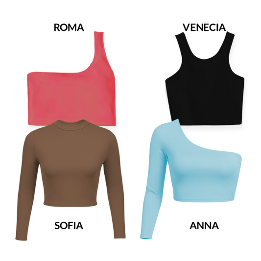 CROPTOPS VARIADOS PACK X4 - ROMA (ROJO) VENECIA (NEGRO) ANNA (CHOCOLATE) SOFIA (AZUL CIELO)