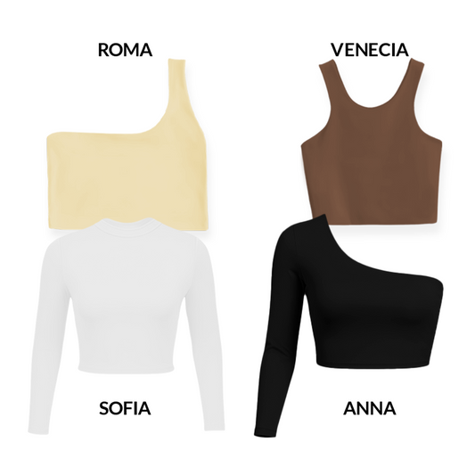 CROPTOPS VARIADOS PACK X4 - ROMA (AMARILLO) VENECIA (CHOCOLATE) ANNA (BLANCO) SOFIA (NEGRO)
