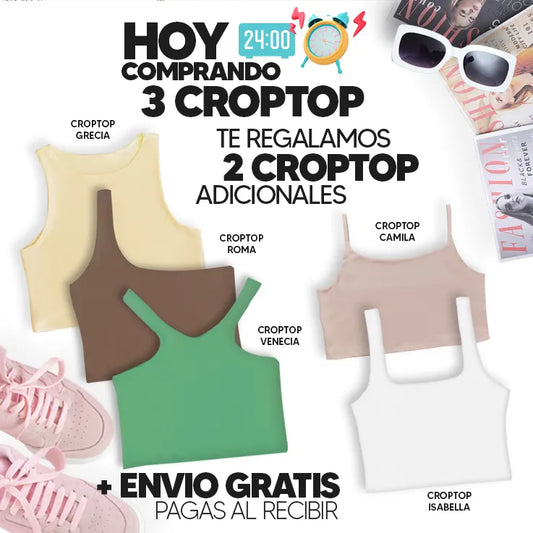 PAGA 3 CROPTOP Y LLEVA 5 (VARIADOS) - GRECIA (AMARILLO) ISABELLA (BLANCO) ROMA (CHOCOLATE) CAMILA (CAMEL) VENECIA (VERDE ANT)