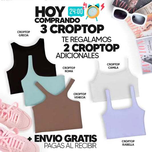 PAGA 3 CROPTOP Y LLEVA 5 (VARIADOS) - GRECIA (NEGRO) ISABELLA (LILA) ROMA (OLIVA) CAMILA (BLANCO) VENECIA (CHOCOLATE)