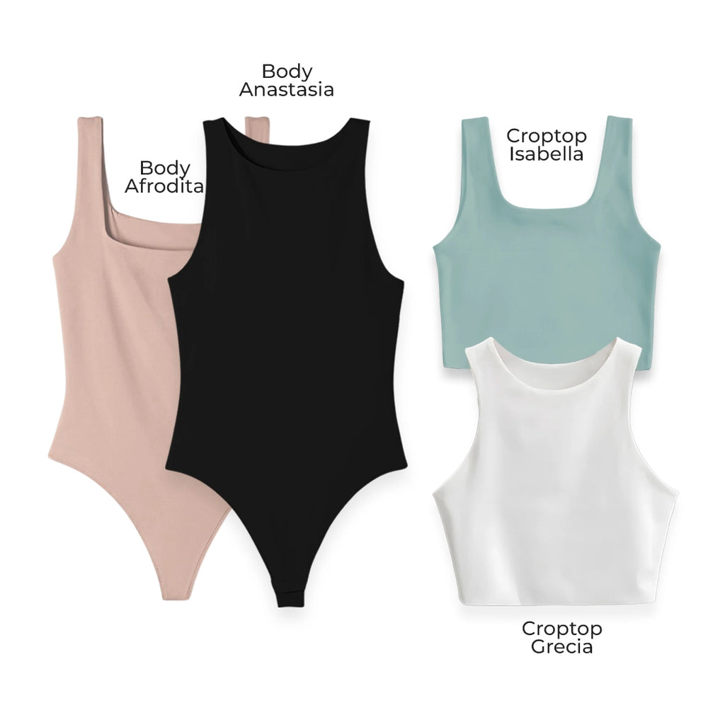 LLEVA 2 BODYS + 2 CROPTOP (REGALO) - AFRODITA (CAMEL) ANASTASIA (NEGRO) ISABELLA (OLIVA) GRECIA (BLANCO)