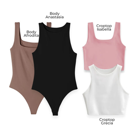 LLEVA 2 BODYS + 2 CROPTOP (REGALO) - AFRODITA (CHOCOLATE) ANASTASIA (NEGRO) ISABELLA (ROSADO) GRECIA (BLANCO)