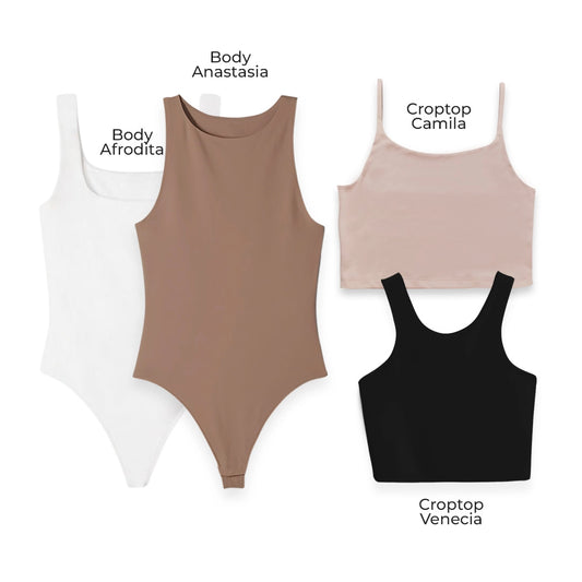 LLEVA 2 BODYS + 2 CROPTOP (REGALO) - AFRODITA (BLANCO) ANASTASIA (CHOCOLATE) CAMILA (CAMEL) VENECIA (NEGRO)