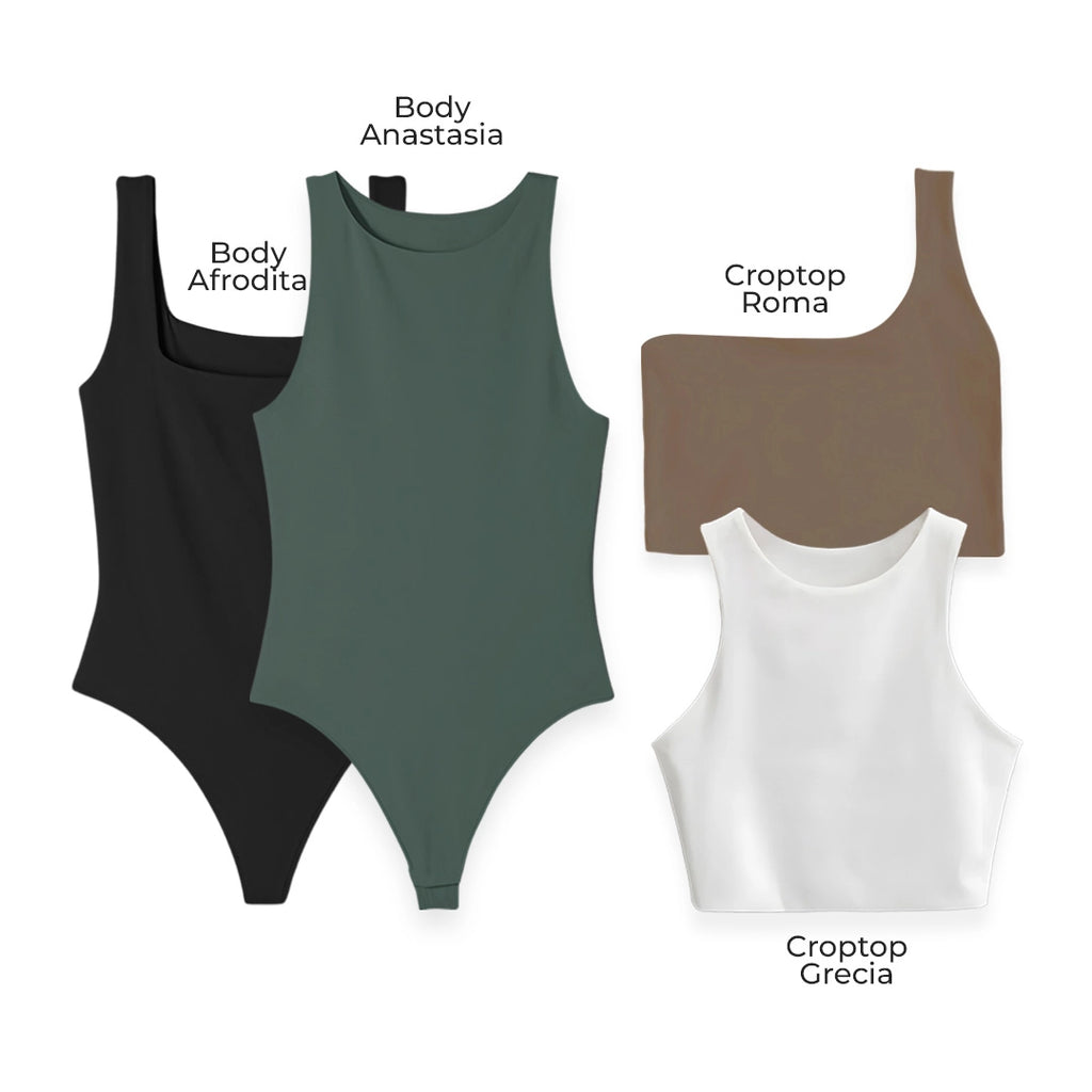 LLEVA 2 BODYS + 2 CROPTOP (REGALO) - AFRODITA (NEGRO) ANASTASIA (VERDE MILITAR) ROMA (CHOCOLATE) GRECIA (BLANCO)