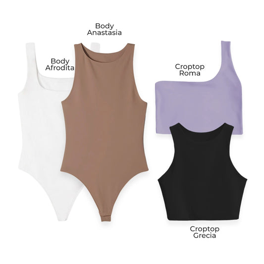 LLEVA 2 BODYS + 2 CROPTOP (REGALO) - AFRODITA (BLANCO) ANASTASIA (CHOCOLATE) ROMA (LILA) GRECIA (NEGRO)