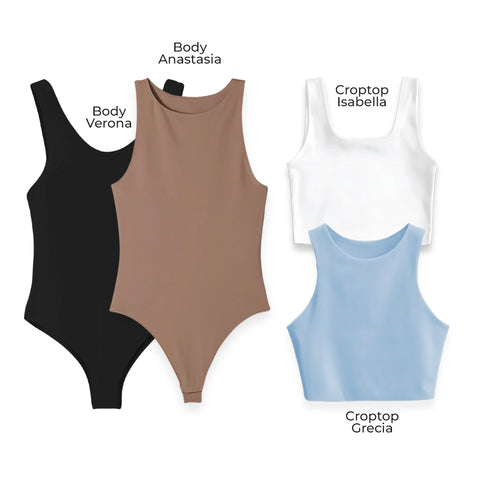 LLEVA 2 BODYS + 2 CROPTOP (REGALO) - VERONA (NEGRO) ANASTASIA (CHOCOLATE) ISABELLA (BLANCO) GRECIA (AZUL CIELO)