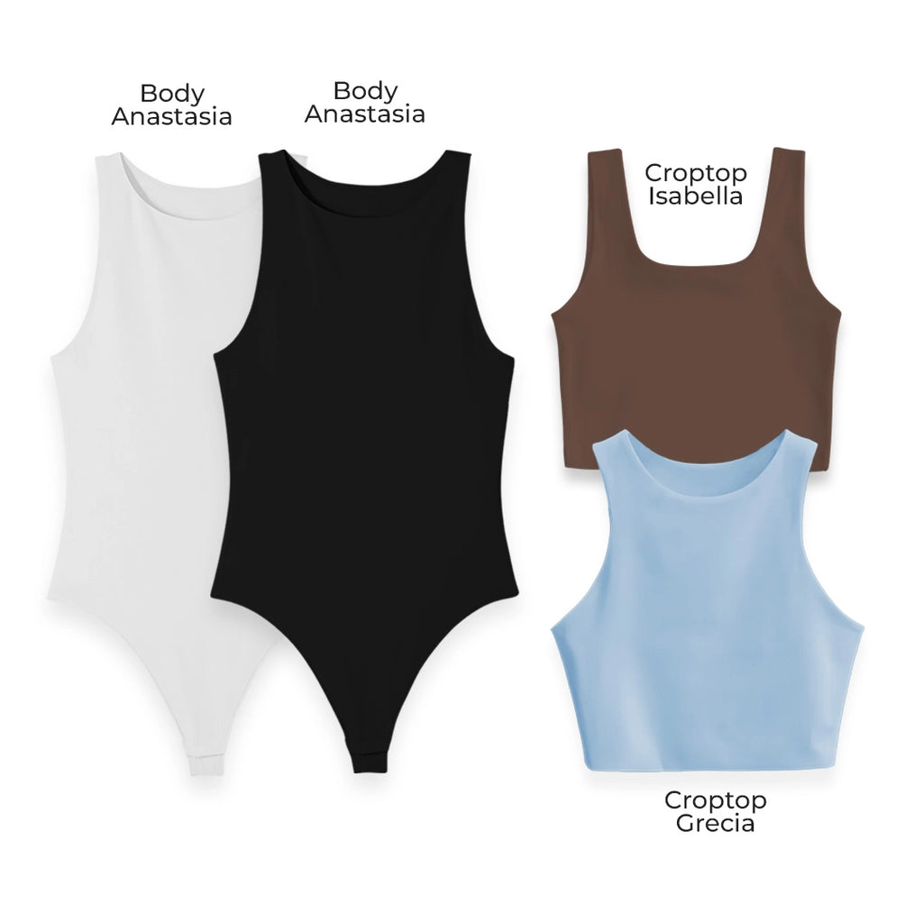 LLEVA 2 BODYS + 2 CROPTOP (REGALO) - ANASTASIA (BLANCO) ANASTASIA (NEGRO) ISABELLA (CHOCOLATE) GRECIA (AZUL CIELO)