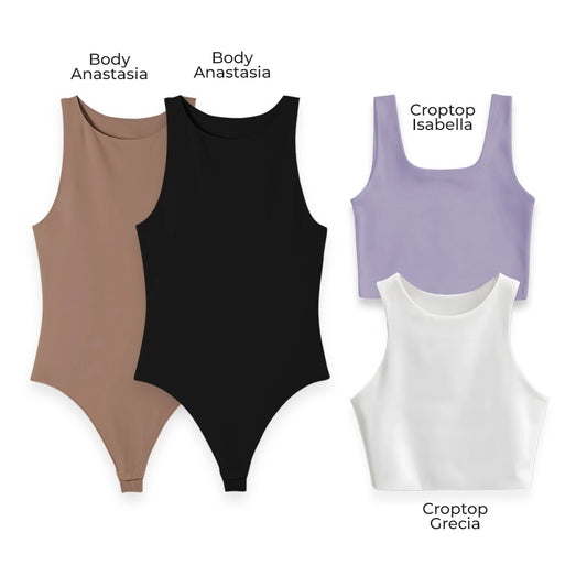 LLEVA 2 BODYS + 2 CROPTOP (REGALO) - ANASTASIA (CHOCOLATE) ANASTASIA (NEGRO) ISABELLA (LILA) GRECIA (BLANCO)