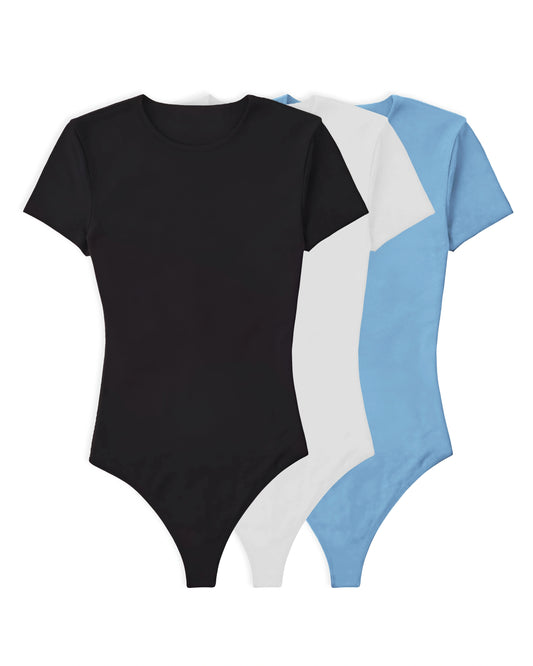 3PACK BODYS - ANDREA MANGA CORTA (NEGRO, BLANCO, AZUL CIELO)