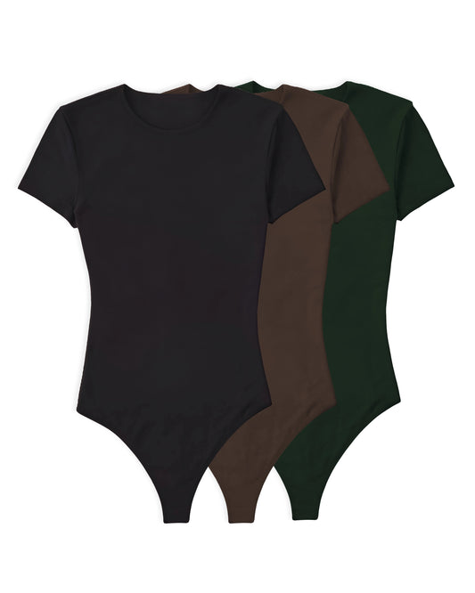 3PACK BODYS - ANDREA MANGA CORTA (NEGRO, CHOCOLATE, VERDE MILITAR)