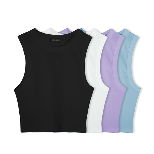 4 PACK CROPTOP SARA RIB ESQUELETO (NEGRO, BLANCO, LILA, AZUL CIELO)