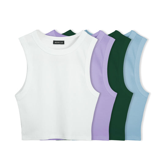 4 PACK CROPTOP SARA RIB ESQUELETO (BLANCO, LILA, VERDE OSC, AZUL CIELO)