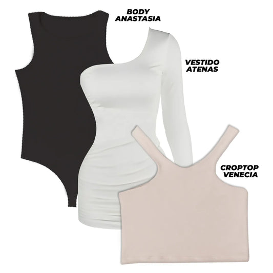 SUPER PACK - 1 VESTIDO (ATENAS/BLANCO) + 1 BODY (ANASTASIA/NEGRO) + 1 CROPTOP (VENECIA/CAMEL)