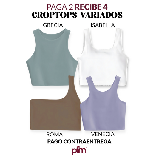 PAGA 2 CROPTOP Y LLEVA 4 (VARIADOS) - GRECIA (OLIVA) ISABELLA (BLANCO) ROMA (CHOCOLATE) VENECIA (LILA)
