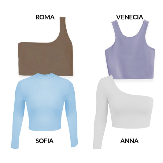 CROPTOPS VARIADOS PACK X4 - ROMA (CHOCOLATE) VENECIA (LILA) ANNA (BLANCO) SOFIA (AZUL CIELO)