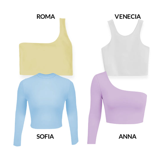 CROPTOPS VARIADOS PACK X4 - ROMA (AMARILLO) VENECIA (BLANCO) ANNA (LILA) SOFIA (AZUL CIELO)