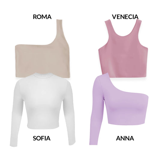CROPTOPS VARIADOS PACK X4 - ROMA (CAMEL) VENECIA (ROSADO) ANNA (LILA) SOFIA (BLANCO)