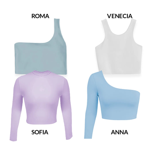 CROPTOPS VARIADOS PACK X4 - ROMA (OLIVA) VENECIA (BLANCO) ANNA (AZUL CIELO) SOFIA (LILA)