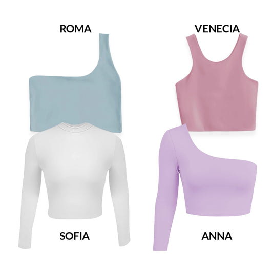 CROPTOPS VARIADOS PACK X4 - ROMA (OLIVA) VENECIA (ROSADO) ANNA (LILA) SOFIA (BLANCO)