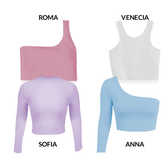 CROPTOPS VARIADOS PACK X4 - ROMA (ROSADO) VENECIA (BLANCO) ANNA (AZUL CIELO) SOFIA (LILA)