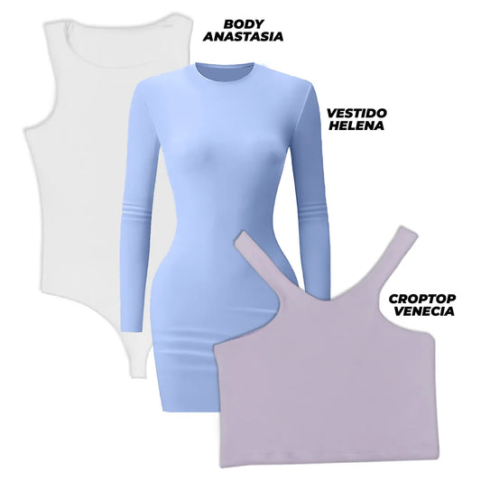 SUPER PACK - 1 VESTIDO (HELENA/AZUL C) + 1 BODY (ANASTASIA/BLANCO) + 1 CROPTOP (VENECIA/LILA)