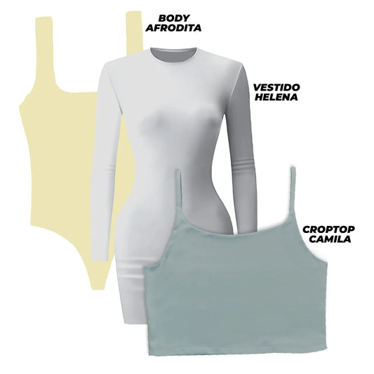 SUPER PACK - 1 VESTIDO (HELENA/BLANCO) + 1 BODY (AFRODITA/AMARILLO) + 1 CROPTOP (CAMILA/OLIVA)