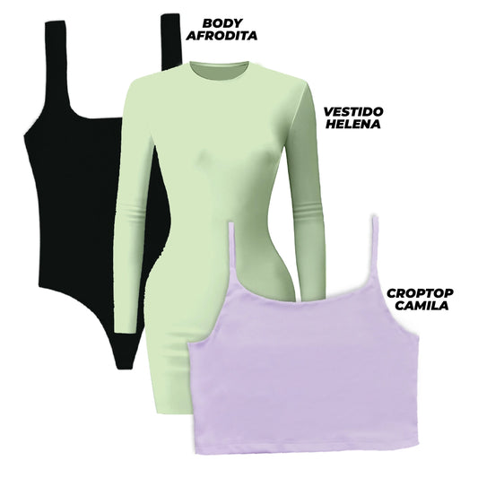 SUPER PACK - 1 VESTIDO (HELENA/MANZANA) + 1 BODY (AFRODITA/NEGRO) + 1 CROPTOP (CAMILA/LILA)