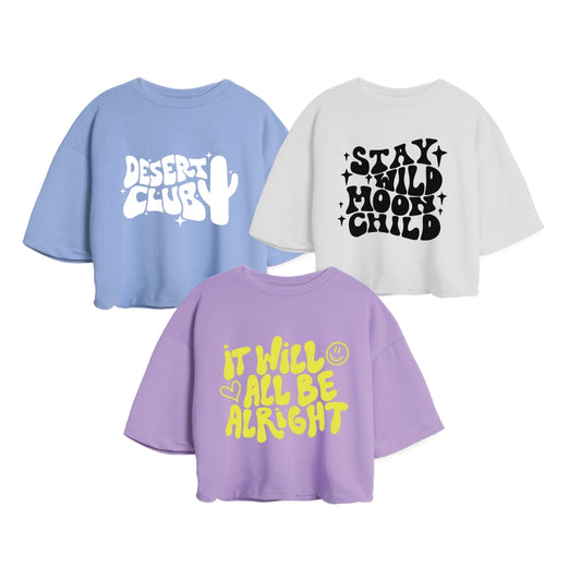 3PACK OVERSIZE ESTAMPADA DAMA (AZUL CIELO/BLANCO DESERT + BLANCO/NEGRO CHILD + LILA/AMARILLO ALL BE)