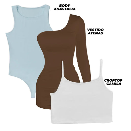 SUPER PACK - 1 VESTIDO (ATENAS/CHOCOLATE) + 1 BODY (ANASTASIA/OLIVA) + 1 CROPTOP (CAMILA/BLANCO)