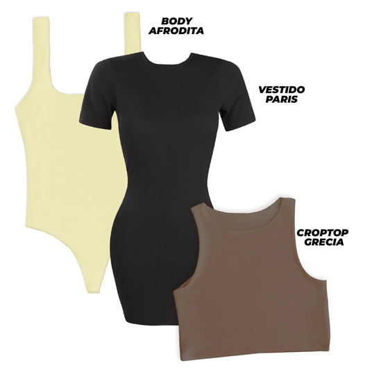 SUPER PACK - 1 VESTIDO (PARIS/NEGRO) + 1 BODY (AFRODITA/AMARILLO) + 1 CROPTOP (GRECIA/CHOCOLATE)