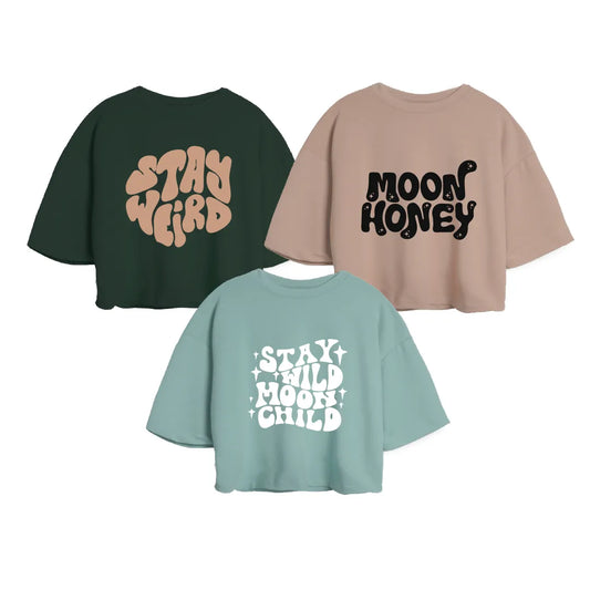 3PACK OVERSIZE ESTAMPADA DAMA (OLIVA/ BLANCO/ WILD + VERDE MILITAR/ CAMEL WEIRD + CAMEL/ NEGRO MOON)