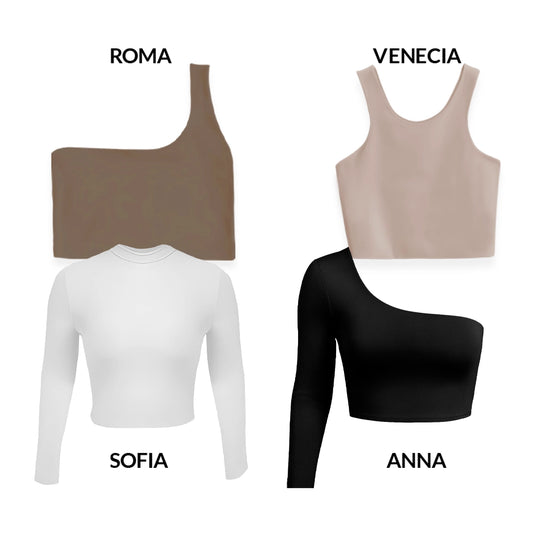 CROPTOPS VARIADOS PACK X4 - ROMA (CHOCOLATE) VENECIA (CAMEL) ANNA (NEGRO) SOFIA (BLANCO)