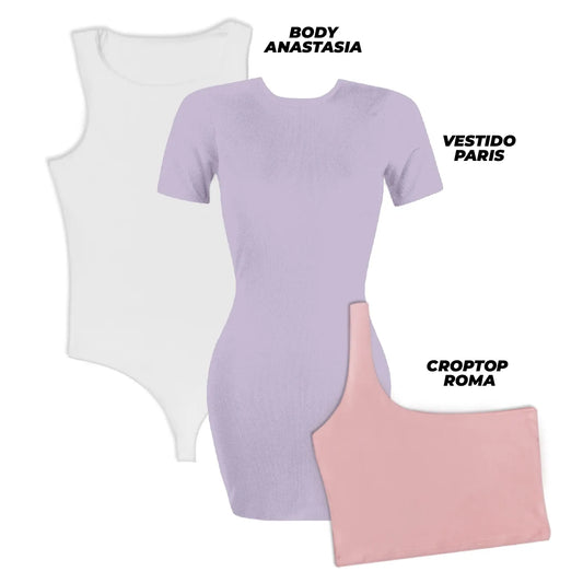 SUPER PACK - 1 VESTIDO (PARIS/LILA) + 1 BODY (ANASTASIA/BLANCO) + 1 CROPTOP (ROMA/ROSADO)