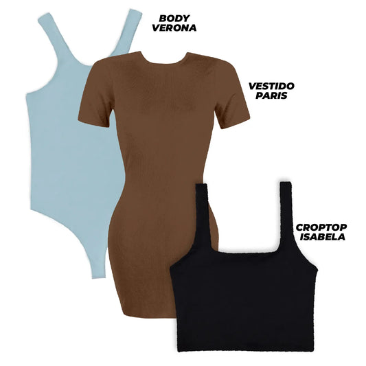 SUPER PACK - 1 VESTIDO (PARIS/CHOCOLATE) + 1 BODY (VERONA/OLIVA) + 1 CROPTOP (ISABELLA/NEGRO)