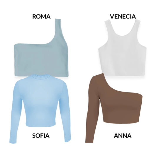 CROPTOPS VARIADOS PACK X4 - ROMA (OLIVA) VENECIA (BLANCO) ANNA (CHOCOLATE) SOFIA (AZUL CIELO)