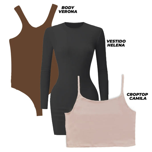 SUPER PACK - 1 VESTIDO (HELENA/NEGRO) + 1 BODY (VERONA/CHOCOLATE) + 1 CROPTOP (CAMILA/CAMEL)