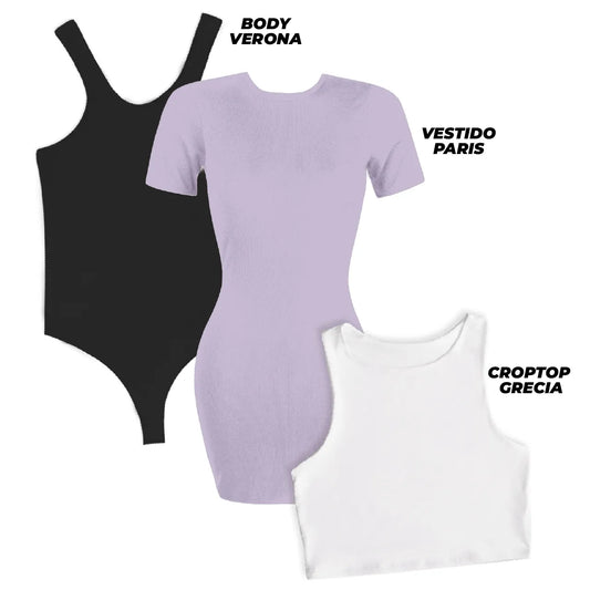 SUPER PACK - 1 VESTIDO (PARIS/LILA) + 1 BODY (VERONA/NEGRO) + 1 CROPTOP (GRECIA/BLANCO)