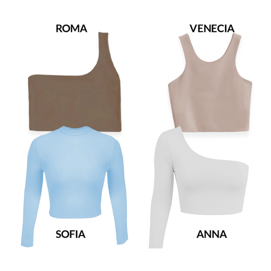 CROPTOPS VARIADOS PACK X4 - ROMA (CHOCOLATE) VENECIA (CAMEL) ANNA (BLANCO) SOFIA (AZUL CIELO)