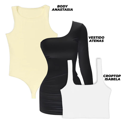 SUPER PACK - 1 VESTIDO (ATENAS/NEGRO) + 1 BODY (ANASTASIA/AMARILLO) + 1 CROPTOP (ISABELLA/BLANCO)