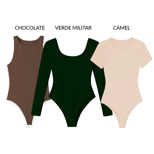 PACK 3 BODYS PERFECT - ANASTASIA CHOCOLATE – VALENTINA VERDE MILITAR – ANDREA CAMEL