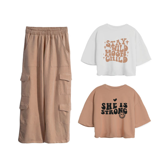 CONJUNTO 1 CARGO BURDA (COCOA) + 2 OVERSIZE BURDA DAMA (COCOA/NEGRO STRONG + BLANCO/CAMEL CHILD)