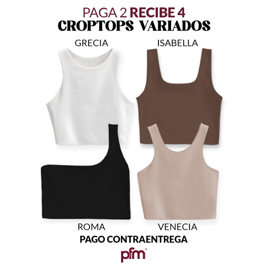PAGA 2 CROPTOP Y LLEVA 4 (VARIADOS) - GRECIA (BLANCO) ISABELLA (CHOCOLATE) ROMA (NEGRO)  VENECIA (CAMEL)