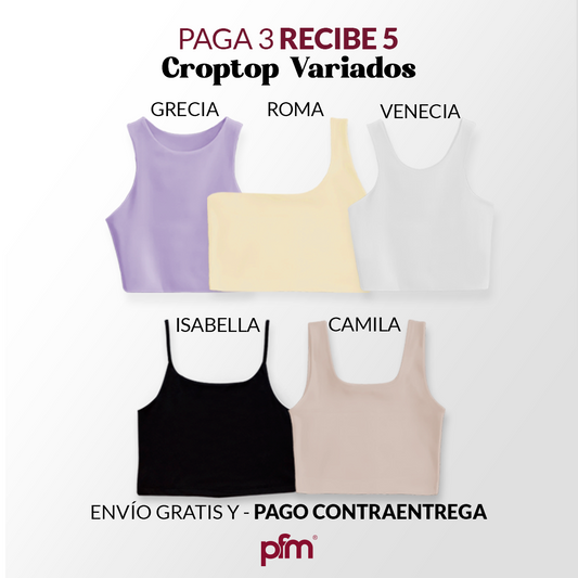 PAGA 3 CROPTOP Y LLEVA 5 (VARIADOS) - GRECIA (LILA) ISABELLA (CAMEL) ROMA (AMARILLO) CAMILA (NEGRO) VENECIA (BLANCO)