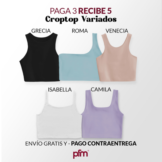 PAGA 3 CROPTOP Y LLEVA 5 (VARIADOS) - GRECIA (NEGRO) ISABELLA (LILA) ROMA (OLIVA) CAMILA (BLANCO) VENECIA (CHOCOLATE)