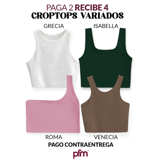 PAGA 2 CROPTOP Y LLEVA 4 (VARIADOS) - GRECIA (BLANCO) ISABELLA (VERDE MILITAR) ROMA (ROSADO) VENECIA (CHOCOLATE)