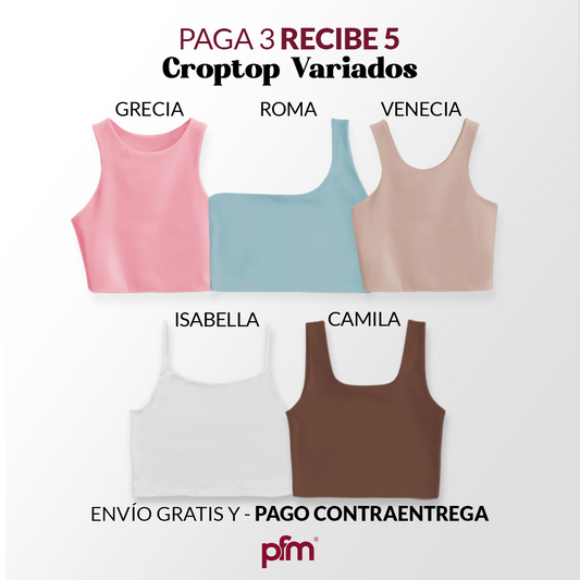 PAGA 3 CROPTOP Y LLEVA 5 (VARIADOS) -GRECIA (ROSADO) ROMA (OLIVA) VENECIA (CAMEL) CAMILA (BLANCO) ISABELLA (CHOCOLATE)